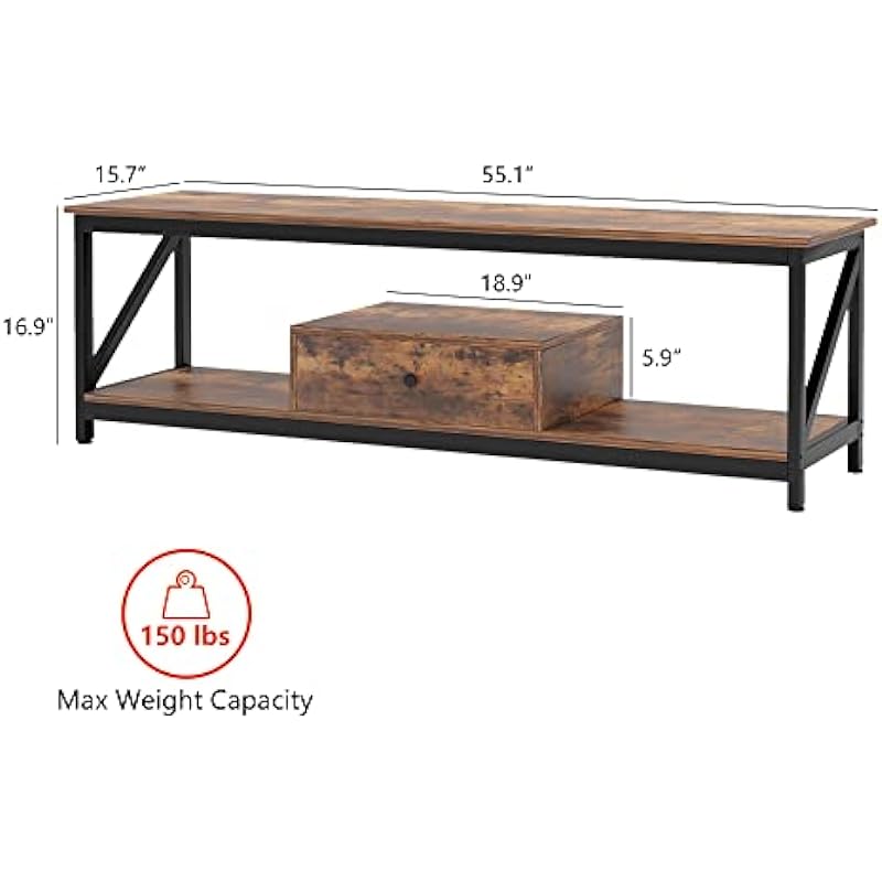 VERMESS TV Stand for 55 Inch TV with Storage for Living Room, Industrial Entertainment Center TV Console Table with Drawer, Sturdy Wooden TV Table with Metal Frame