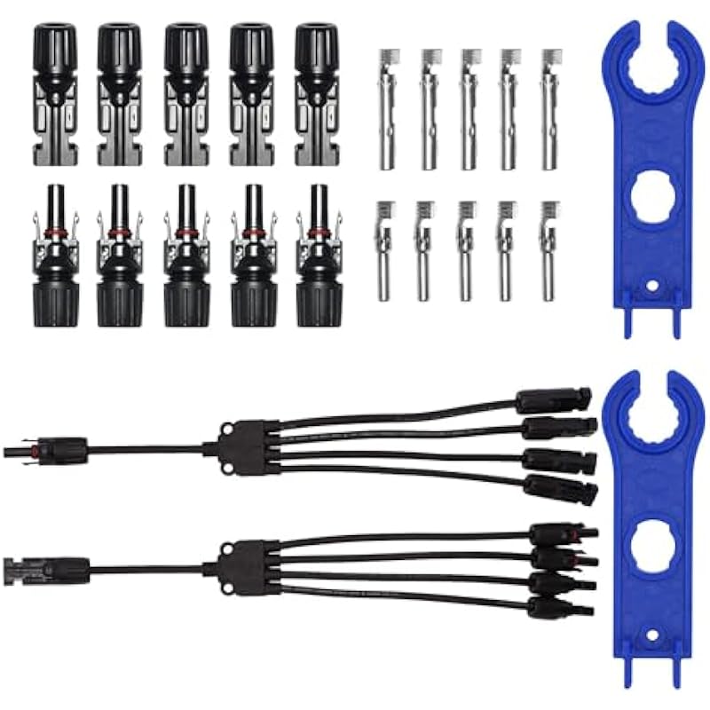 Solar Panel Connectors, Solar Connectors Y Branch Parallel Adapter Cable Wire Plug 1 to 4 MC4 Connectors, 5 Pair MC4 Male/Female Solar Panel Cable Connectors with 2pcs Wrench