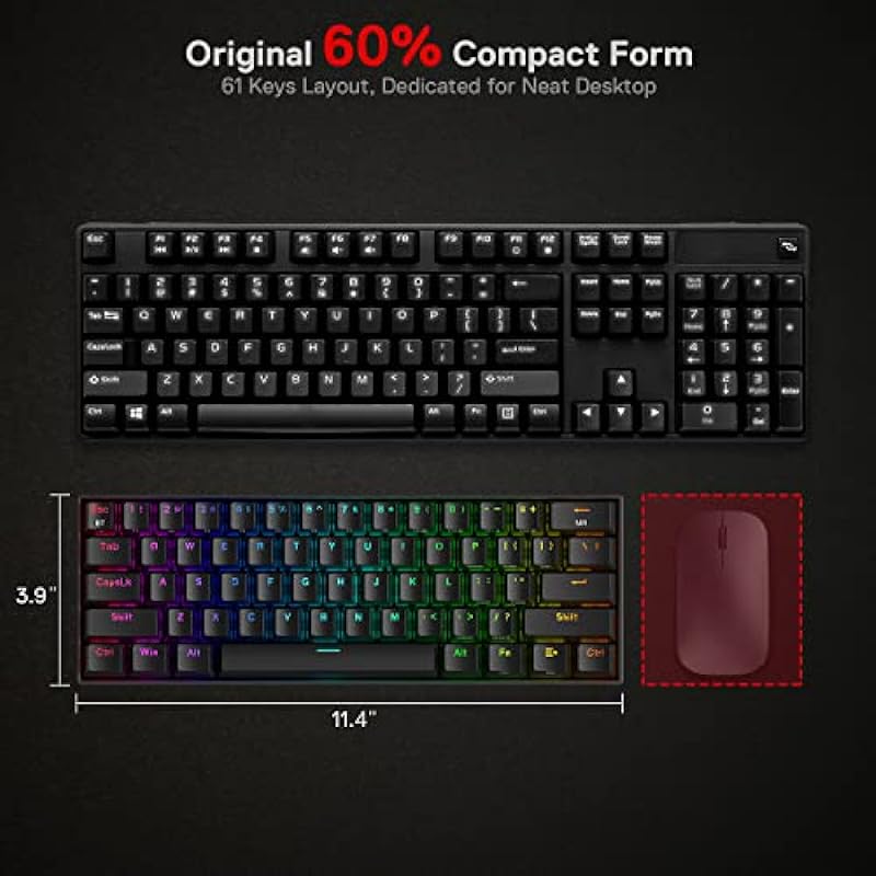 Redragon K530 Pro Draconic 60% Wireless RGB Mechanical Keyboard, Bluetooth/2.4Ghz/Wired 3-Mode 61 Keys Compact Gaming Keyboard w/100% Hot-Swap Socket, Free-Mod Plate Mounted PCB & Tactile Brown Switch