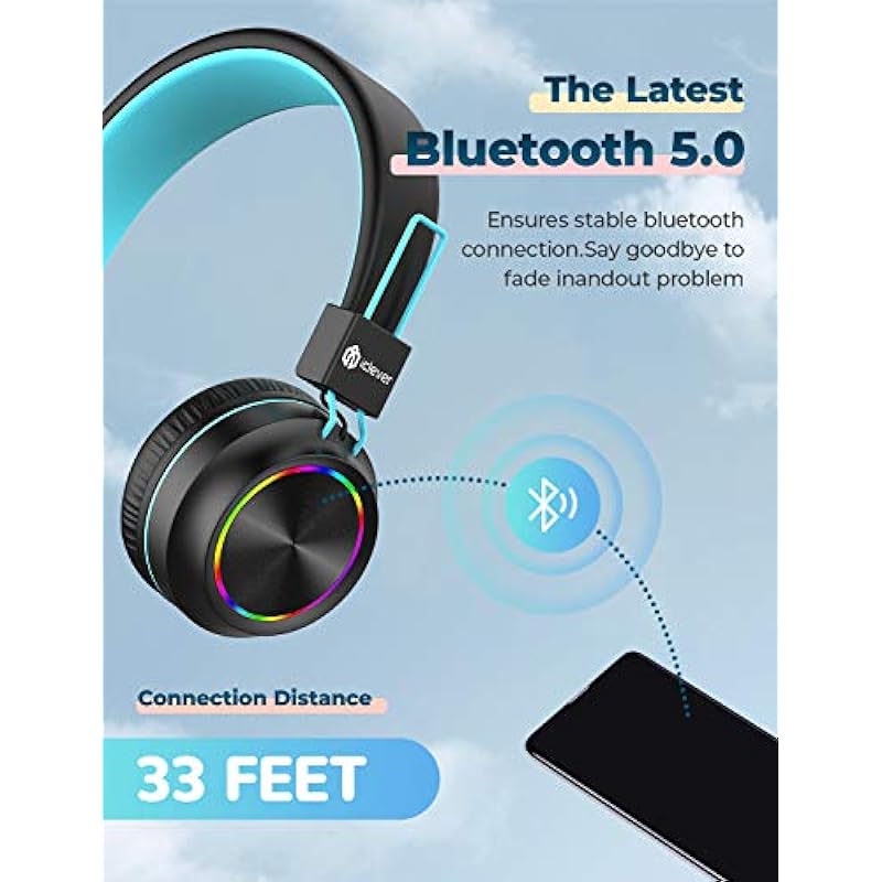 iClever BTH03 Kids Bluetooth Headphones, Colorful LED Lights Kids Wireless Headphones with MIC, 25H Playtime, Stereo Sound&Bluetooth 5.0, Children Headphone on Ear for Study Tablet School, Black/Green