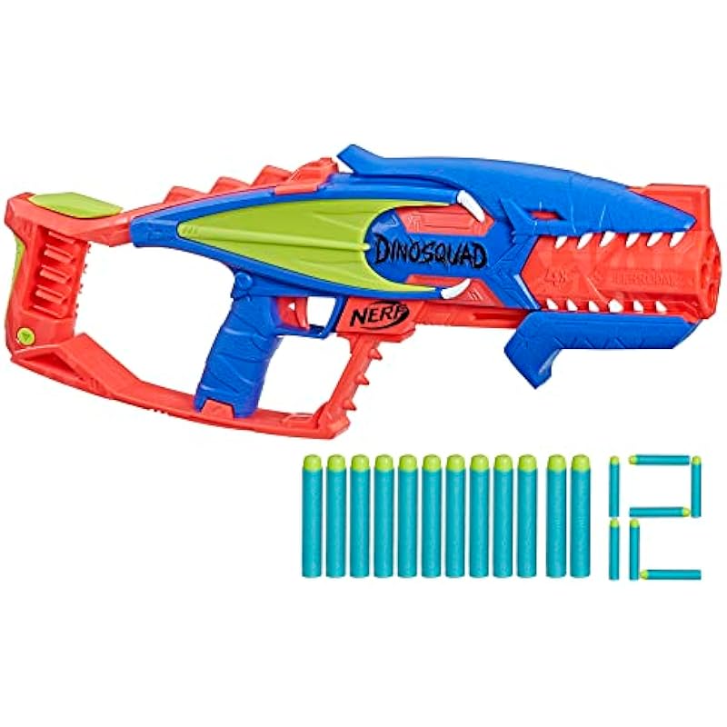 Nerf DinoSquad Terrodak, 4 Dart Blasting, Dart Storage, 12 Nerf Elite Darts, Dinosaur Design, Toy Foam Nerf Blaster for Kids Outdoor Games