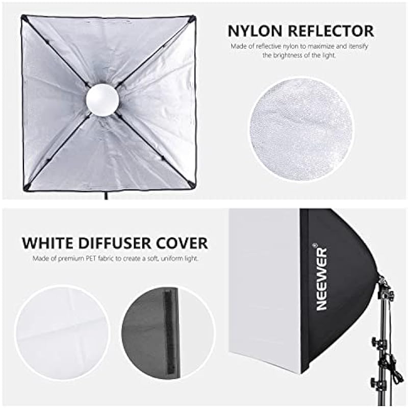 NEEWER 700W Equivalent Softbox Lighting Kit, 2Pack UL Certified 5700K LED Lighting Bulbs, 24×24 inches Softboxes with E26 Socket, Photography Continuous Lighting Kit Photo Studio Equipment