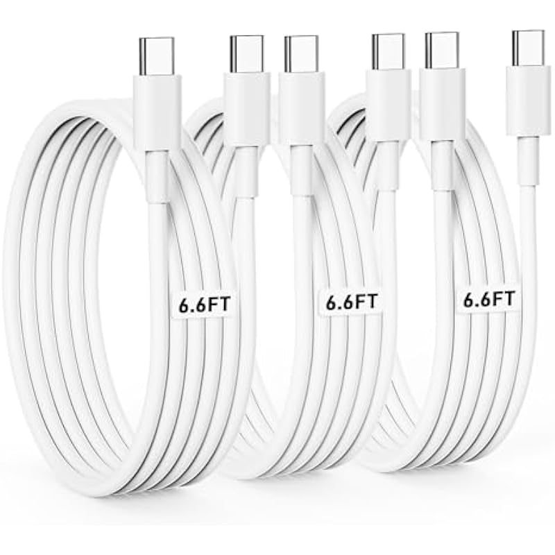 USB C to USB C Cable [3Pack-6.6FT] 3A/60W PD Fast Charger USB Type C Data Cable for iPhone 15 Pro Max, MacBook Air, MacBook Pro 14/13 inch, iPad Pro 12.9”/ 11”, iPad Mini 6, Pixel 6/6 Pro, Galaxy