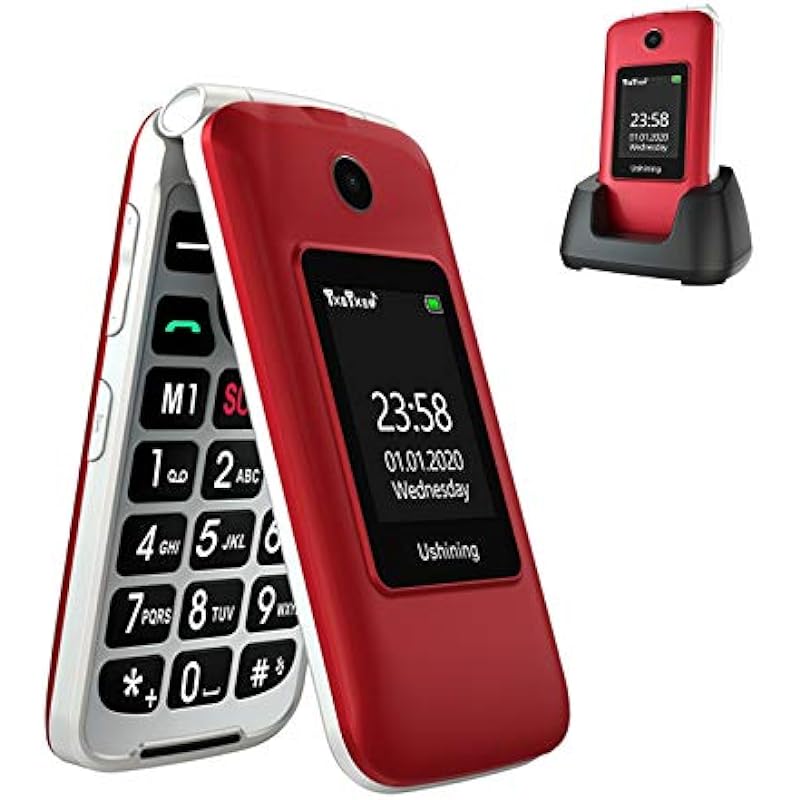 USHINING 3G Senior Flip Phones Unlocked Canada Dual Screen Basic Cell Phone Dual SIM Card Large Button Mobile Phone with Charging Dock for Seniors（Red）
