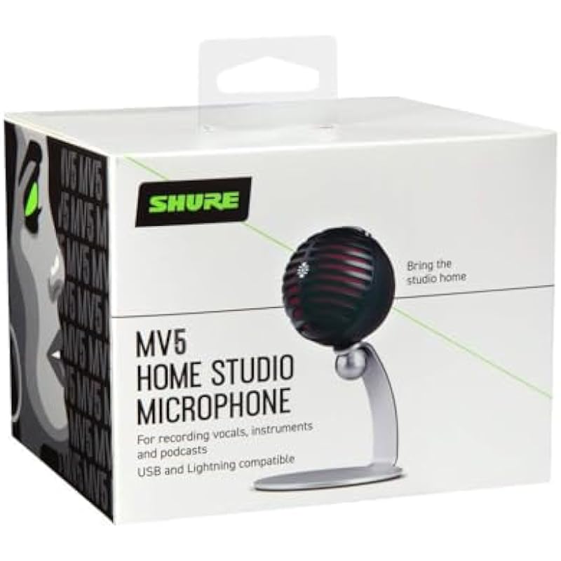 Shure MV5 Digital Condenser Microphone with Cardioid – Plug-and-play with iOS, Mac, PC, Onscreen Control w/ ShurePlus MOTIV Audio App, Includes USB and Lightning Cables (1m each) – Black w/ Red Foam