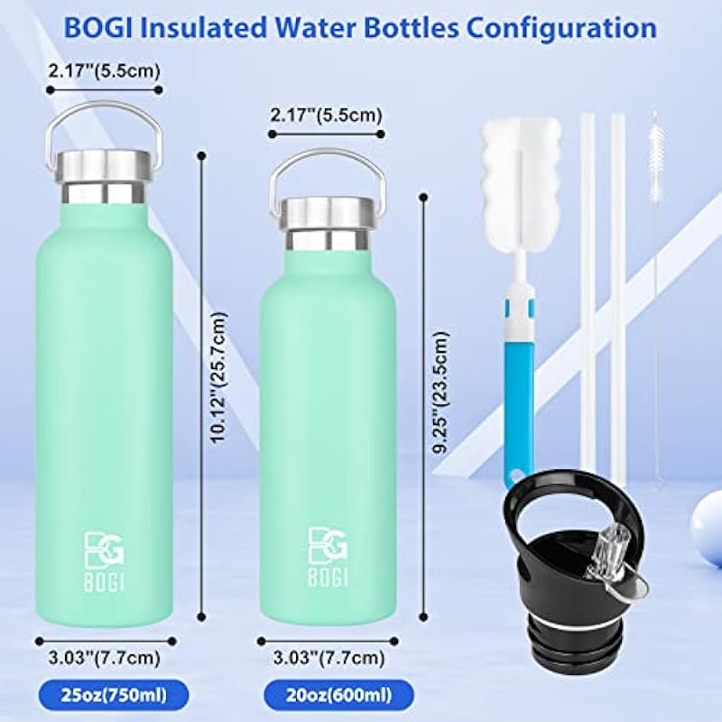 BOGI Insulated Water Bottle, 20/25oz Vacuum Stainless Steel Water Bottles with Straw & Straw Lid, Leakproof BPA Free Sports Metal Water Bottle-Keeps Drink Hot & Cold for Outdoor Sports Fitness Camping