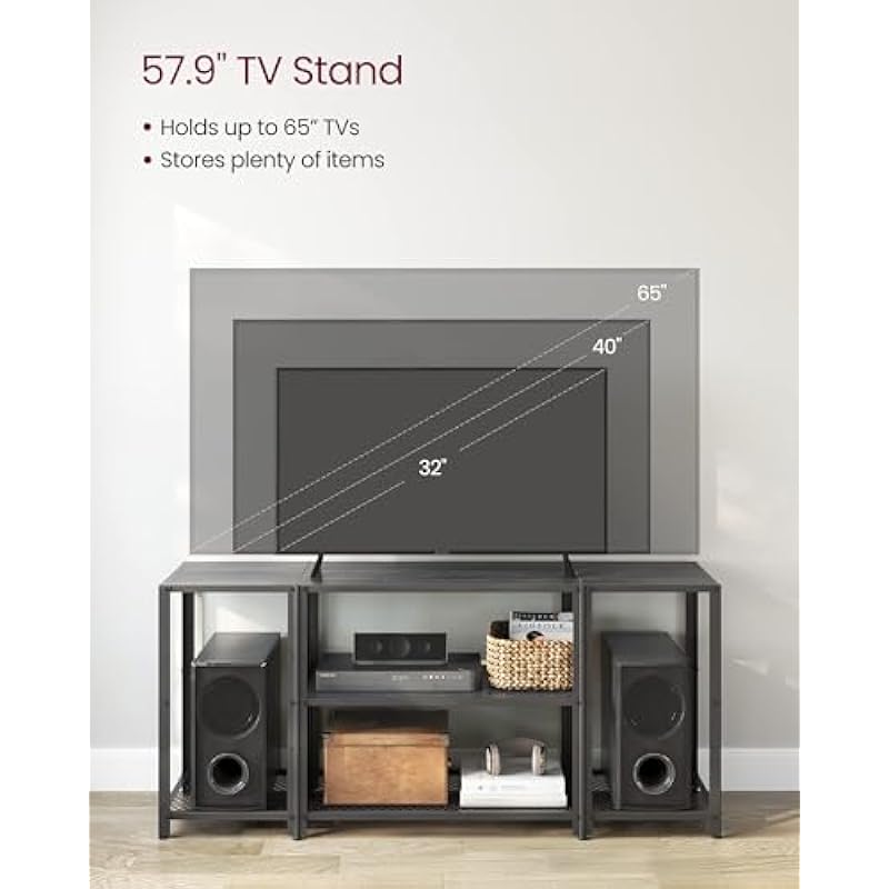 VASAGLE TV Stand for 65 Inches TVs, Industrial Entertainment Center, Modern TV Console with Open Storage Shelves for Living Room, Bedroom, Black ULTV105B22