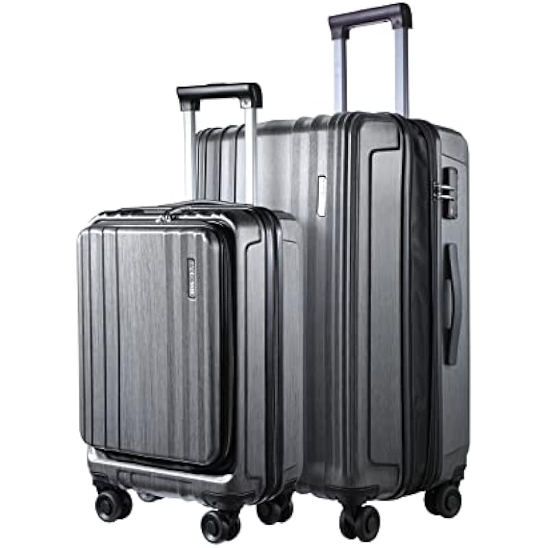 Luggage Set 2 Piece 20/28, 20″ Carry-on with Front Pocket & 28″ Expandable Luggage, ABS+PC Suitcase with Spinner Wheels, TSA Lock, YKK, Silver Grey