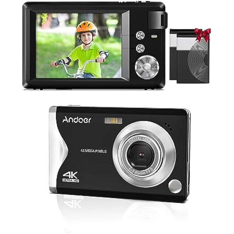 Andoer Digital Camera 4K Ultra HD Kids Camera, Portable 3.0” TFT, 48MP, 16X Zoom, Auto Focus, Self-Timer, Face Detection, Anti-Shaking, Includes 2 Batteries & Hand Strap – Ideal Gift for Children