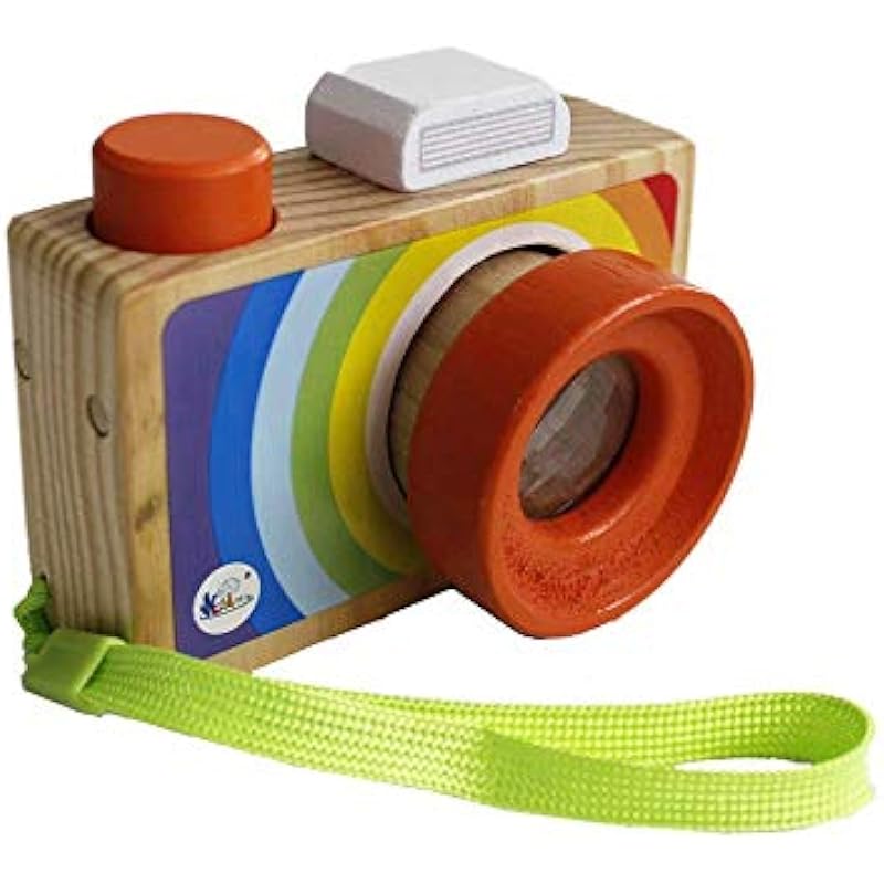 Elloapic Mini Wooden Camera Toy with Multi-Prism Kaleidoscope Pictures Lens Portable Camera for Children Toddlers (Handheld)