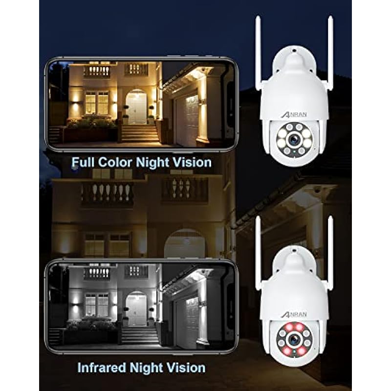 ANRAN Security Camera Outdoor with Spotlight and Siren, 1080P WiFi PTZ Camera Outdoor with 360° View, Color Night Vision, IP66 Waterproof, Two-Way Audio, SD and Cloud Storage, P2 White