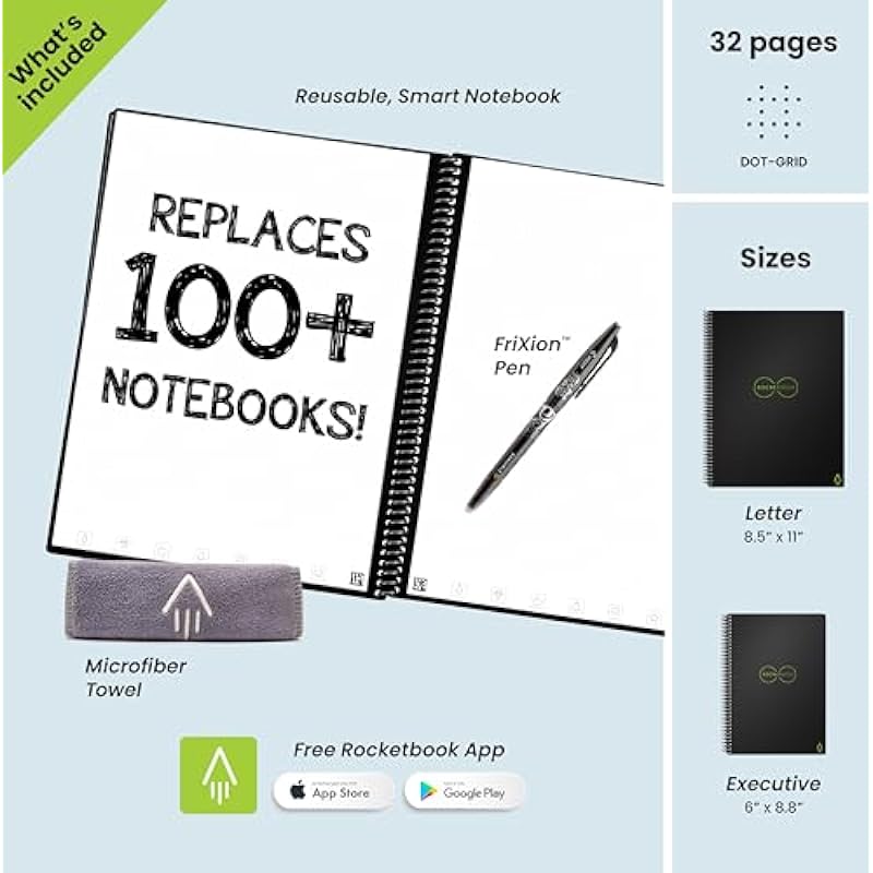 Rocketbook Smart Reusable Notebook – Dot-Grid Eco-Friendly Notebook with 1 Pilot Frixion Pen & 1 Microfiber Cloth Included – Infinity Black Cover, Executive Size (6″ x 8.8 “)