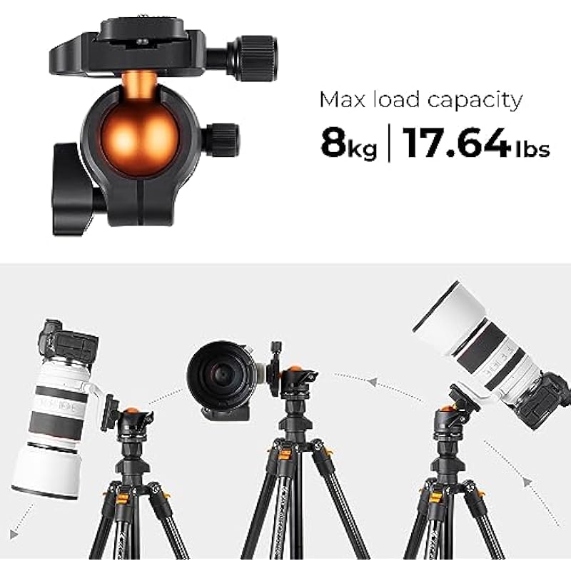 K&F Concept 64 inch/163cm Camera Tripod,Lightweight Aluminum Travel Outdoor Tripods with Metal Ball Head Load Capacity 8kg/17.6lbs,Quick Release Plate, for DSLR Cameras K234A0+BH-28L