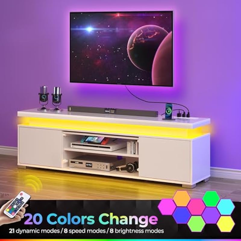 Rolanstar TV Stand with LED Lights & Power Outlet, Modern Entertainment Center for 32/43/50/55/65 Inchs TVs, Universal Gaming LED TV Media Stand with Storage Black & White (White)