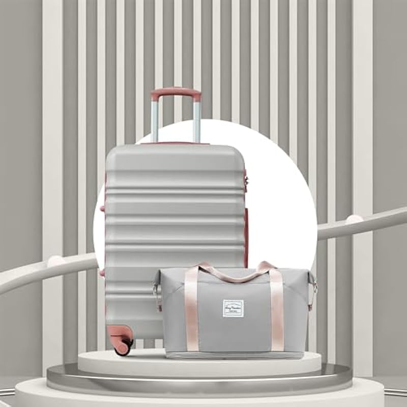 LONG VACATION Luggage Set 4 Piece Luggage Set ABS Hardshell TSA Lock Spinner Wheels Luggage Carry on Suitcase(Grey-Pink, 6 Piece Set)