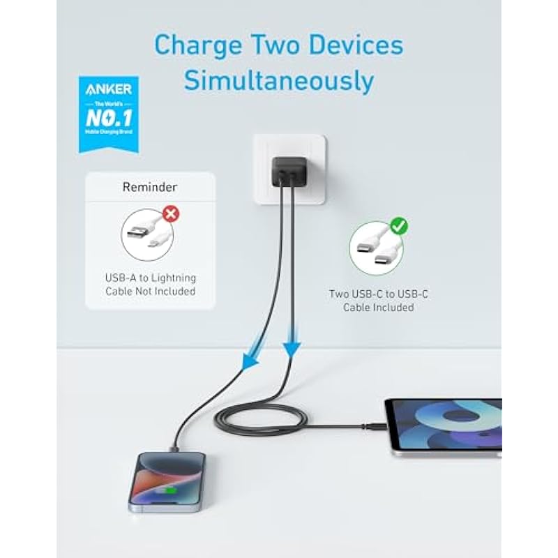 iPhone 15 Charger, Anker USB C Charger, 2-Pack 20W Dual Port USB Fast Wall Charger, USB C Charger Block for iPhone 15/15 Pro/15 Pro Max/iPad Pro/AirPods and More (2-Pack 5 ft USB-C Cable Included)