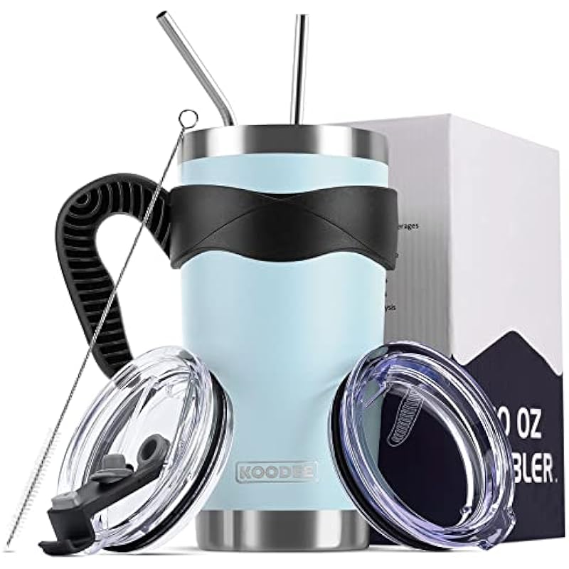 Koodee 20 oz Tumbler Stainless Steel Insulated Coffee Travel Mug with Handle,2 Lids 2 Straws, Brush, Handle (20 oz, Baby Blue)