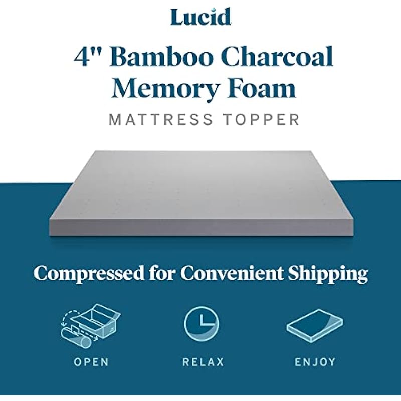 Lucid 4 Inch Bamboo Charcoal Memory Foam Mattress Topper, Queen