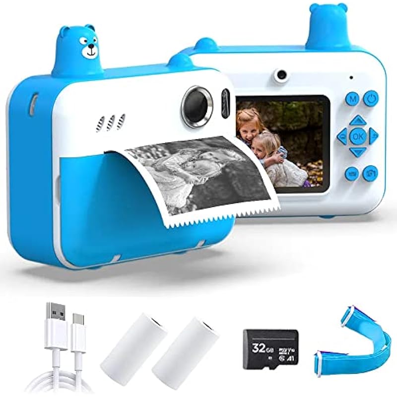 Acuvar 1080P HD Instant Print Camera for Kids, with Selfie Camera, Digital Zero Ink Video Camera with 2 Rolls of Print Paper, 32GB SD for Girls and Boys Gifts (Blue)