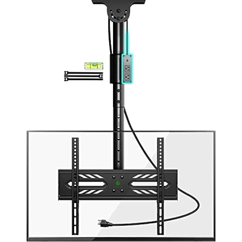 Greenstell Ceiling TV Mount with Power Outlet, TV Mount for 26”-65” TVs, TV Ceiling Mount with 900J Surge Protection, Swivel, Tilt and 6 Height Adjustable, Max VESA 400x400mm, Holds up to 110LBS