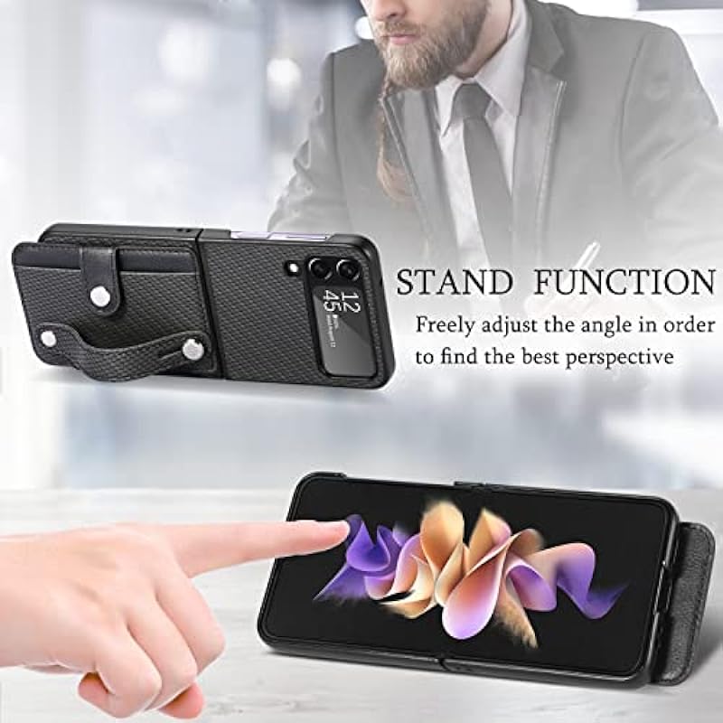 Asuwish Phone Case for Samsung Galaxy Z Flip 4 5G 2022 and Cell Accessories with Wrist Strap Credit Card Holder Slot Stand Kickstand Protective Slim Gaxaly ZFlip4 Z4 Flip4 4Z Flip4case Women Men Black