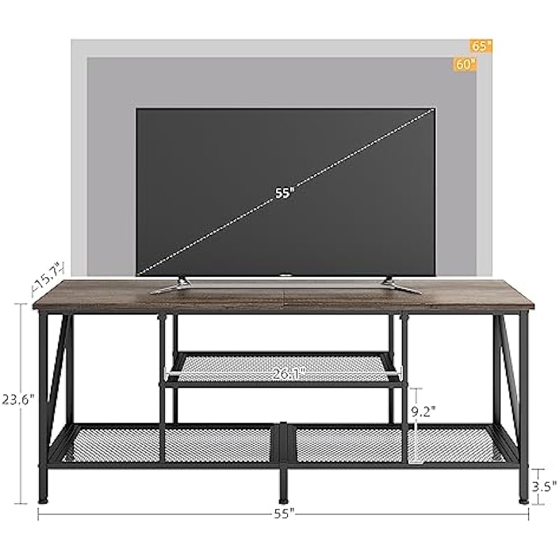 CAIYUN TV Stand with 3-Tier Storage, 55 Inch TV Console Table for 60 65 Inch TV, TV Bench, Entertainment Center for Living Room, Bedroom,Grey Oak