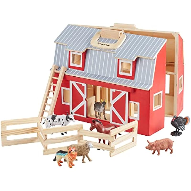 Melissa & Doug Fold and Go Wooden Barn With 7 Animal Play Figures – Farm Animals Barn Toy, Portable Toys, Farm Toys For Kids And Toddlers Ages 3+