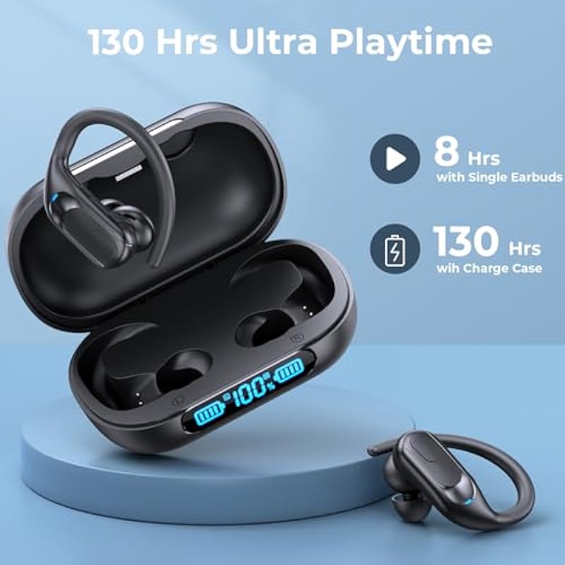 Wireless Earbuds Bluetooth 5.3 Headphones 130hrs Playtime Wireless Charging Ear Buds IPX7 Waterproof HiFi Stereo Noise Cancelling Earphones with Earhooks LED Power Display for Sports Workout Running