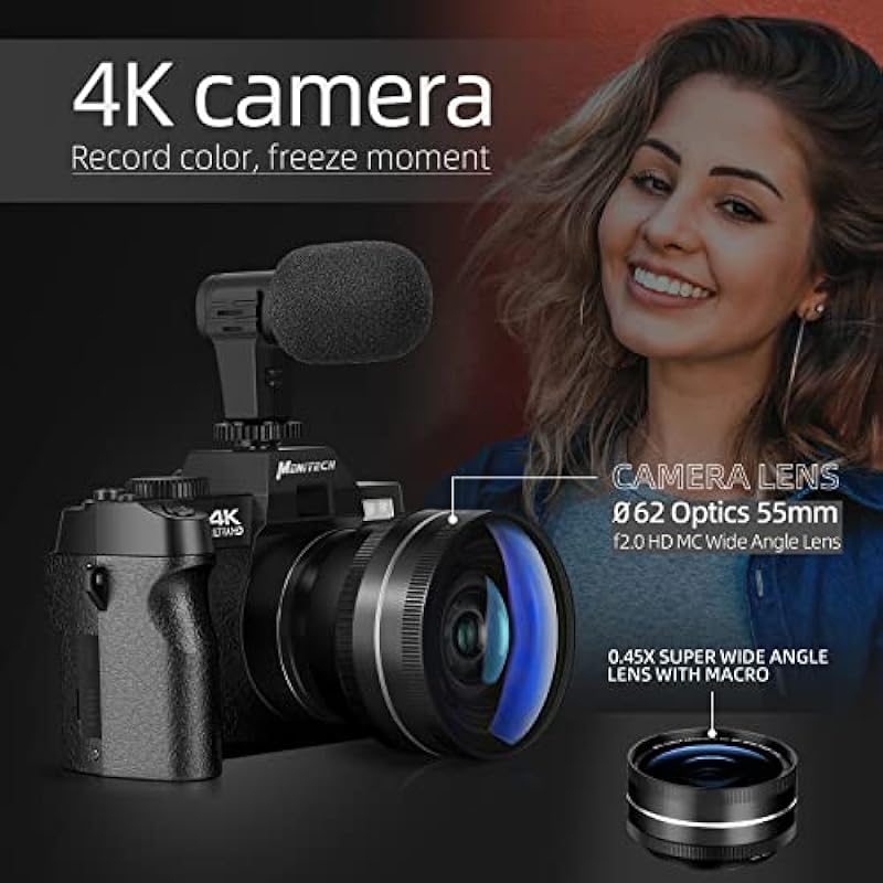 Monitech Digital Camera for Photography and Video,4K 48MP Vlogging Camera for YouTube with 180° Flip Screen,16X Digital Zoom,52mm Wide Angle & Macro Lens, 2 Batteries, 32GB TF Card S100