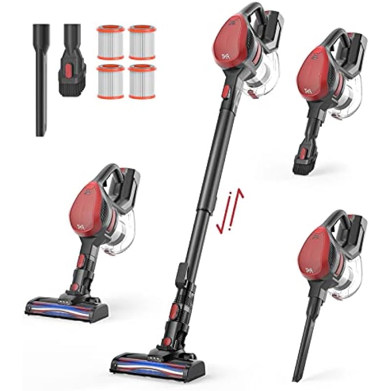 TMA Cordless Vacuum Cleaner, Lightweight Stick Vacuum Powerful Suction with 2200mAh Detachable Battery,6-in-1 Handheld Vacuum Cleaner 4 HEPA Filter LED Brush&1.3L Dust Cup for Hard Floor Pet Hair T121