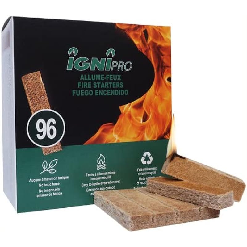 Ignipro Fire Starters Sticks 96 pcs. Clean, Efficient, Ecologic, Odourless, Waterproof. Great for Camping, firestoves, BBQ, Charcoal. Easy to Ignite. Non Toxic. Made from Recycle Wood and Wax.