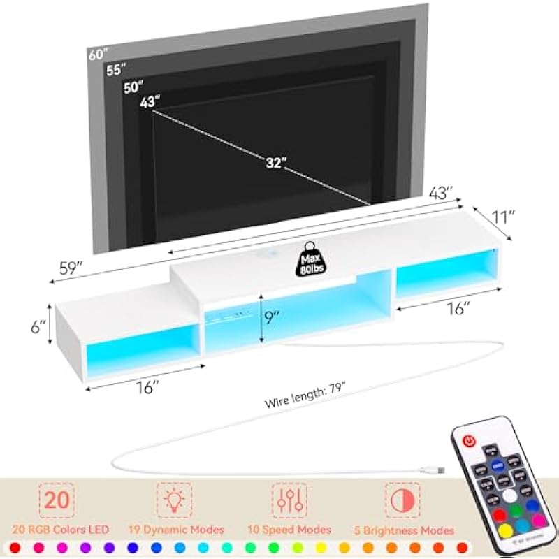 FABATO 59” Floating TV Stand with LED Light Power Outlet, Floating Shelf for Under TV Wall Mount with Storage Shelf, Media Console Entertainment Center for Living Room, White