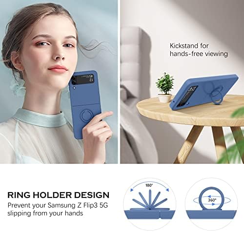 YINLAI Samsung Galaxy Z Flip 3 Case, Phone Case Samsung Z Flip3 5G, Slim Silicone Kickstand Ring Holder Shockproof Protective Bumper Girls Women Cover, Blue