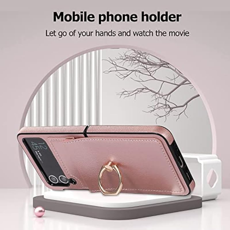 Phone Case for Samsung Galaxy Z Flip 4 5G 2021 Cover with Hinge Protection Ring Holder Stand Slim Shockproof Shell PU Leather Protective Cell Accessories ZFlip4 Z4 Flip4 4Z Flip4case Women Rose Gold