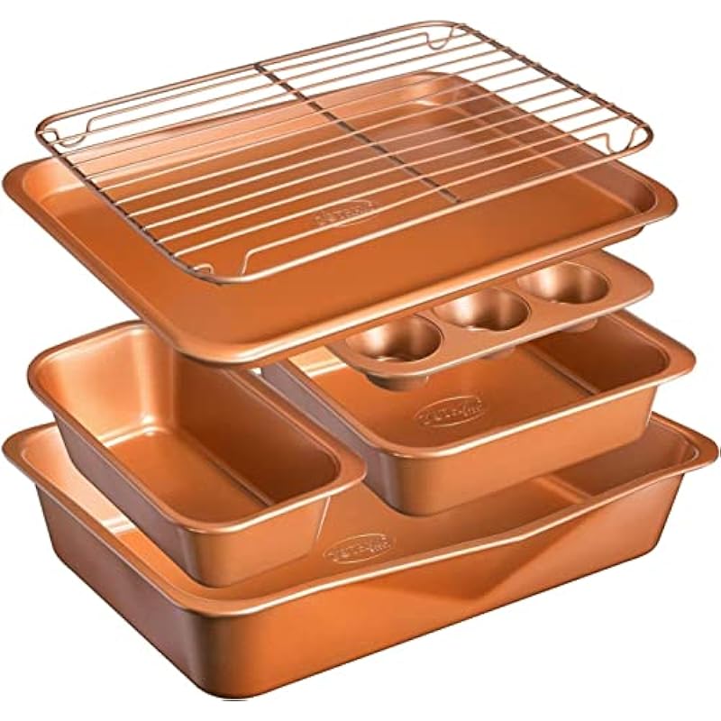 Gotham Steel Stackable Bakeware Set, 6 Pc Baking Pans Set Nonstick, Ceramic Bakeware Set, Baking Set Nonstick Bakeware Kit, Baking Sheet Set, Space Saving, Heavy Duty No Warp, 100% Toxin Free – Copper