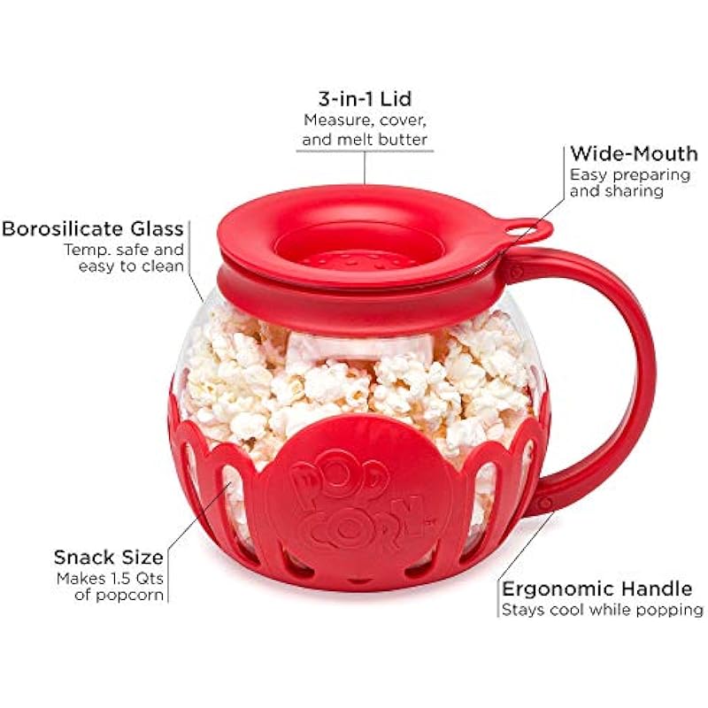 Ecolution Patented Micro-Pop Microwave Popcorn Popper with Temperature Safe Glass, 3-in-1 Lid Measures Kernels and Melts Butter, Made Without BPA, Dishwasher Safe, 1.5-Quart, Red