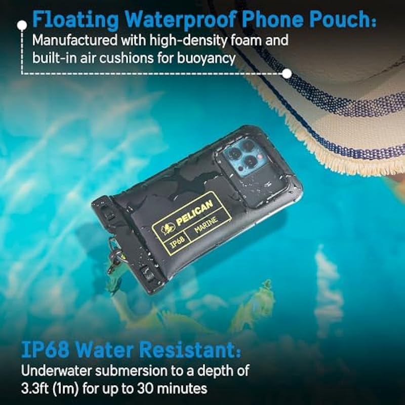 Pelican 2 Pack Marine Series – IP68 Waterproof Floating Protection Phone Pouch/Case (Regular Size) for iPhone 14 Pro Max, 14 Plus, 13, 12 – Detachable Lanyard, Universal Compatibility – Black/Yellow