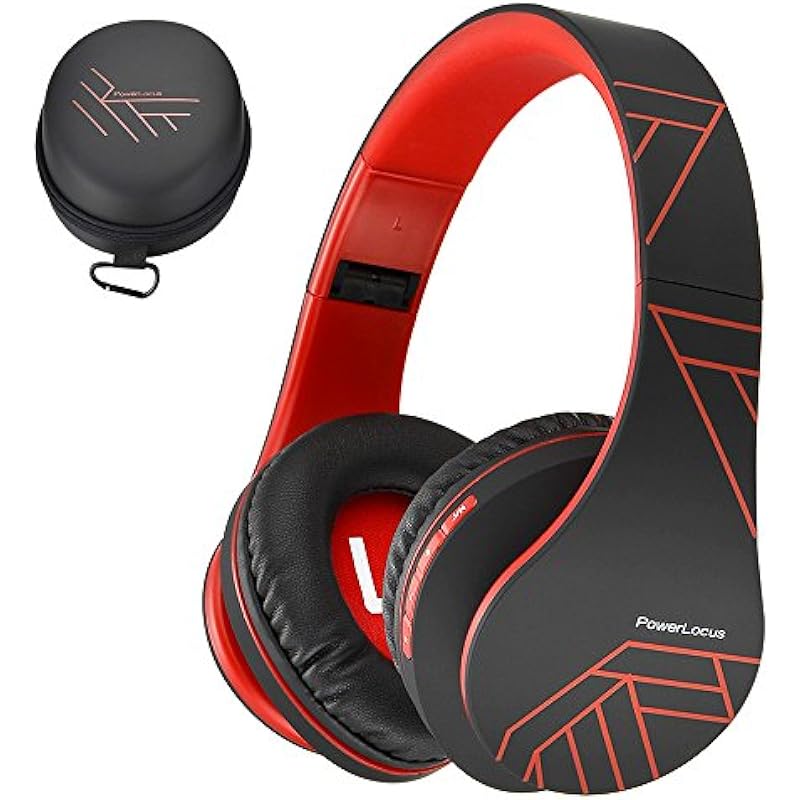 PowerLocus Bluetooth Over-Ear Headphones, Wireless Stereo Foldable Headphones Wireless and Wired Headsets with Built-in Mic, Micro SD/TF, FM for iPhone/Samsung/iPad/PC (Black/Red)