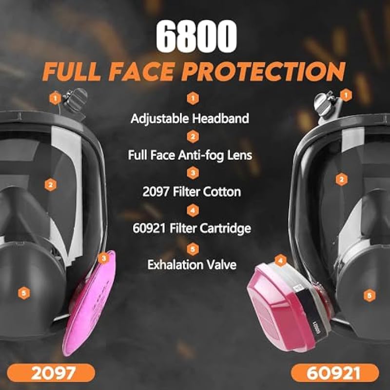 Full Face Respirator Gas Mask: 6800 Reusable Respirator Mask with Filters 60921 & 2097 – Dust Mask Anti Fog Against Organic Vapor Fumes Gases for Spray Paint Chemicals Epoxy Resin Welding Sanding