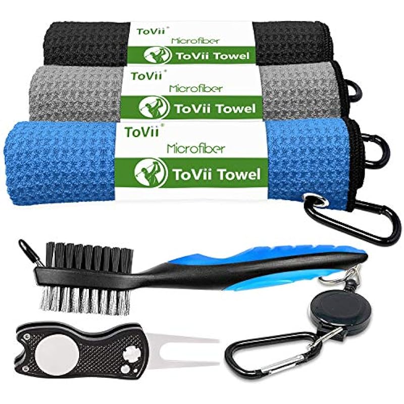 ToVii Golf Towel Microfiber Waffle Pattern Golf Towel | Brush Tool Kit with Club Groove Cleaner | Golf Divot Tool | Golf Accessories for Men