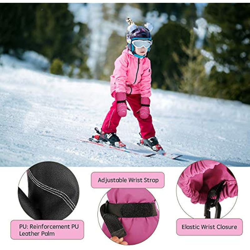Unigear Kids Mittens Waterproof Winter Snow Ski Mittens with String for Boys Girls (Pink, 4-6Y)