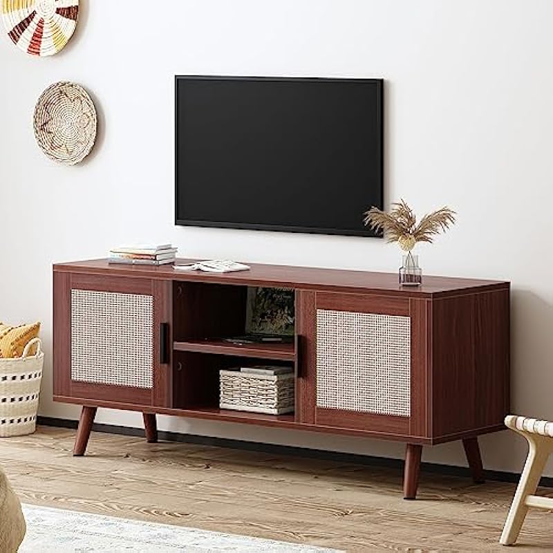 SogesHome Wood TV Stand for 55 Inches TV Mid-Century Media Entertainment Center Modern TV Cabinet with Rattan Doors and Storage Shelves TV Console Table for Living Room (Brown)