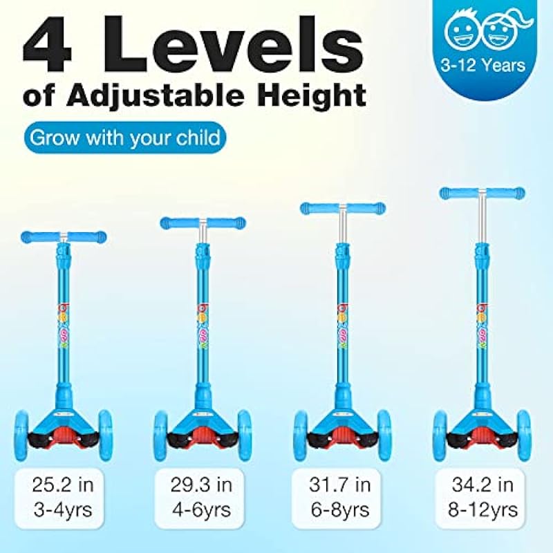 BELEEV Scooters for Kids 3 Wheel Kick Scooter for Toddlers Girls & Boys, Scooter with 3 Adjustable Height, LED Light Up Wheels for Children from 3 to 12 Years Old