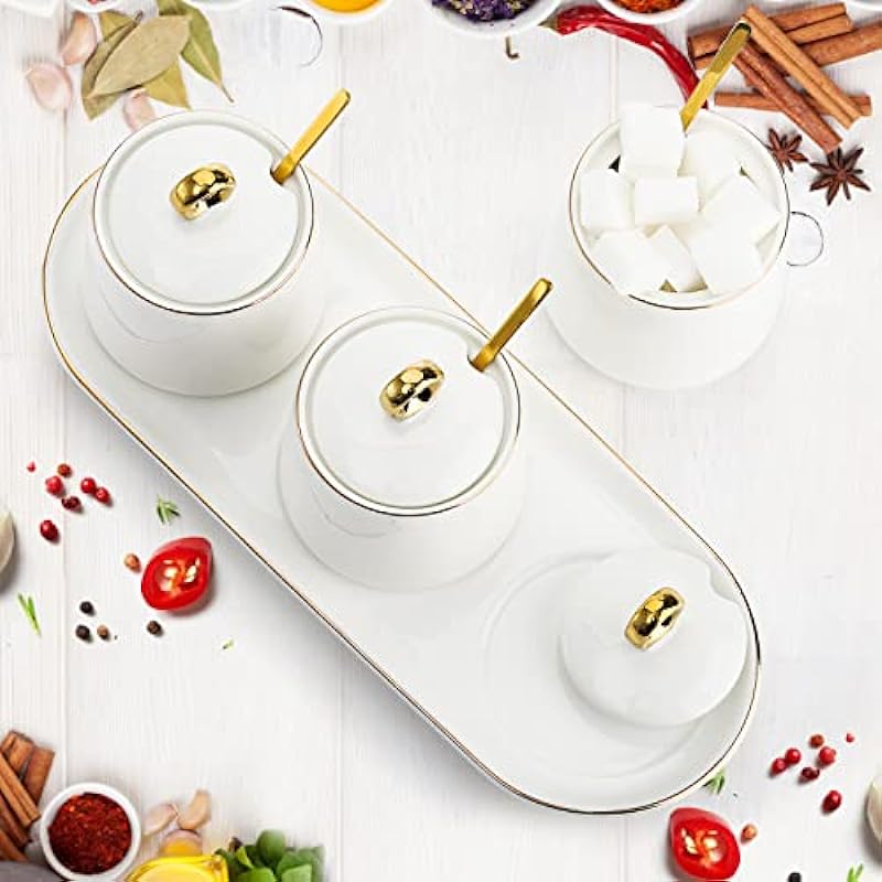 Foraineam Porcelain Sugar Bowl with Lid and Spoon Set of 3, Condiment Jar Coffee Bar Accessories, 8 oz Salt Server Spice Container Seasoning Box with Tray