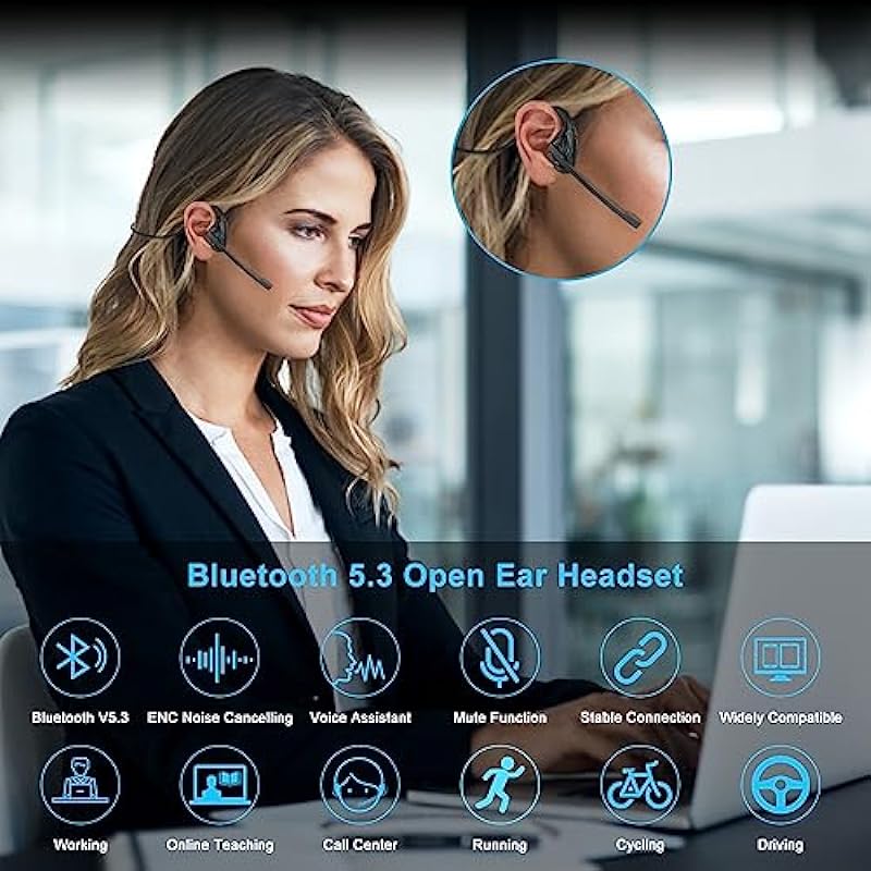 iDIGMALL Open Ear Bluetooth 5.3 Headset w/Microphone Boom for Cell Phones PC, Lightweight Air Conduction Wireless Stereo Headphones w/Noise Canceling Mic & Mute, Comfort for Home Office Working