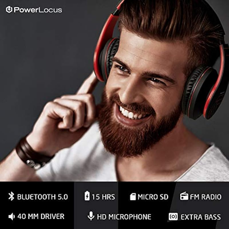 PowerLocus Bluetooth Over-Ear Headphones, Wireless Stereo Foldable Headphones Wireless and Wired Headsets with Built-in Mic, Micro SD/TF, FM for iPhone/Samsung/iPad/PC (Black/Red)