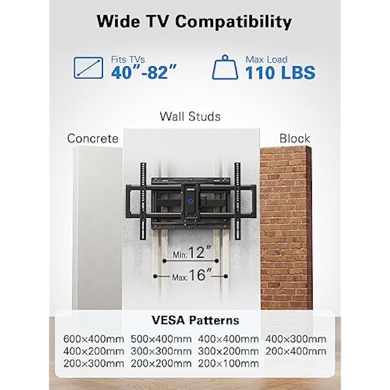 Pipishell Full Motion TV Wall Mount for 40–82 inch Flat or Curved TVs up to 110 lbs, Smooth Swivel & Extension, Tool-Free Tilt with Heavy-Duty Arms, Max VESA 600x400mm, Fits 12″/16″ Wood Studs, PILF11