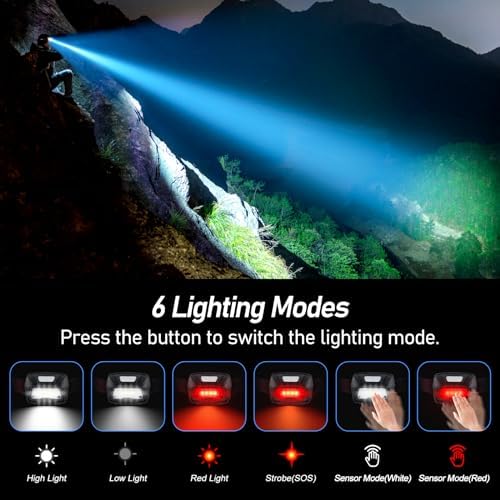 Blukar Headlamp Rechargeable, 2000L Super Bright LED Head Lamp Headlight with Red Warning Lights and 6 Modes, Motion Sensor Control, IPX5 Waterproof, Lightweight Flashlight for Running, Hiking etc.