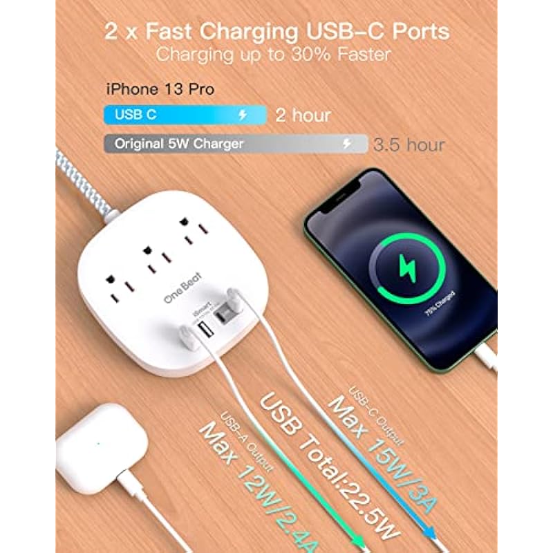 Flat Plug Power Bar with USB C, 5FT Ultra-Thin Extension Cord, 3 Outlet with 4 USB Ports (2 USB C) Desktop Charging Station, No Surge Protection for Cruise Ship, Travel Essentials, Dorm Room