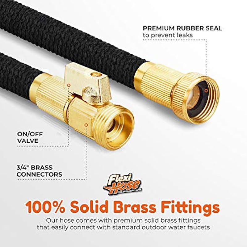 Flexi Hose Upgraded Expandable Garden Hose Extra Strength 3/4″ Solid Brass Fittings – The Ultimate No-Kink Flexible Water Hose (Black, 50 FT)